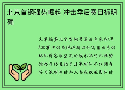 北京首钢强势崛起 冲击季后赛目标明确 北京首钢强势崛起 冲击季后赛目标明确