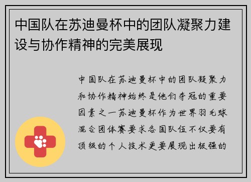 中国队在苏迪曼杯中的团队凝聚力建设与协作精神的完美展现