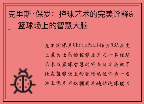克里斯·保罗：控球艺术的完美诠释与篮球场上的智慧大脑